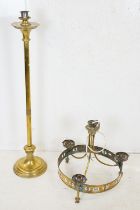 Gothic Brass Standard Candle Holder, 107cm high together with an Arts and Crafts style Brass