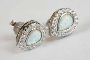 Pair of Silver CZ and Opal Pear Shaped Earrings