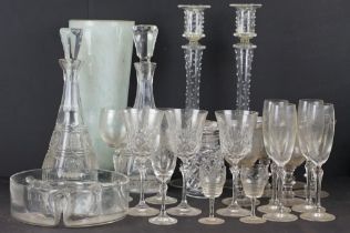 Collection of 19th Century and later glassware to include Loetz Moser crackle glass pitcher (