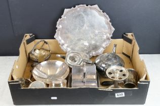 Mixed silver plate to include a salver with cast decoration to border, chocolate pot, teapots,