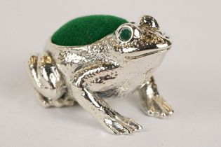 Silver Frog Pincushion with emerald eyes