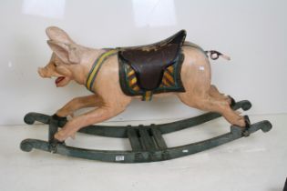 Painted Wooden Rocking Pig raised on a bow rocker, 122cm long x 64cm high