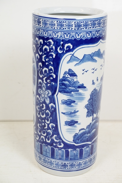 20th Century Chinese blue & white pottery stick stand, of cylindrical form, decorated with - Image 8 of 9