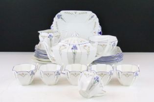 Shelley Queen Anne 'Blue Iris' tea set, pattern no.11561, to include teapot & cover, teapot stand, 6