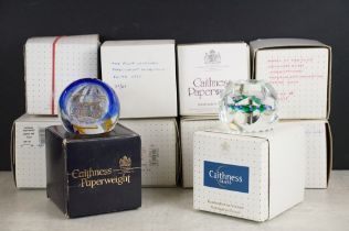 Ten boxed Caithness glass paperweights to include Ripples, Covenant (ltd edn no. 23/75), Loves and