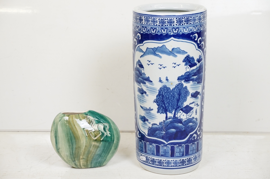 20th Century Chinese blue & white pottery stick stand, of cylindrical form, decorated with