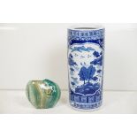 20th Century Chinese blue & white pottery stick stand, of cylindrical form, decorated with