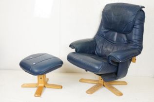 Danish Blue Leather Swivel Armchair and accompanying Footstool, chair measures 83cm wide x 105cm