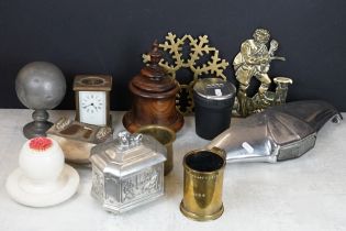 Assorted collectables to include chrome jaguar car grill light, turned wooden tea caddy, pewter