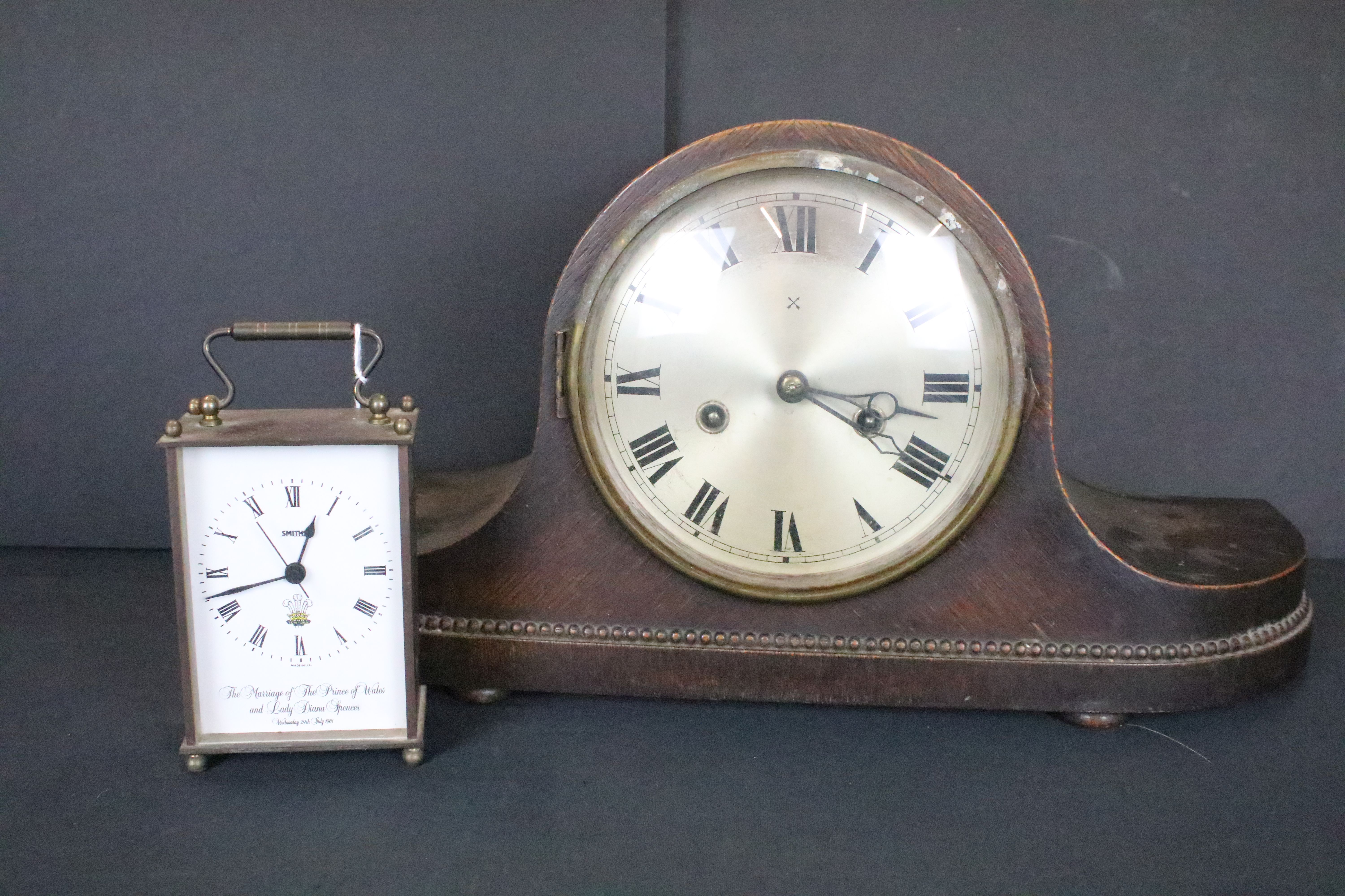 Early 20th Century oak Napoleons hat mantle clock together with a Smiths Price Charles and Diana