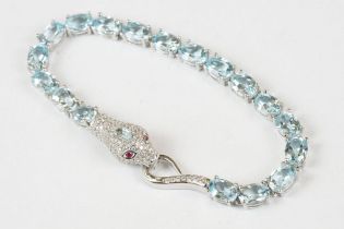 Silver CZ and Aquamarine Bracelet with snakehead clasp set with ruby eyes