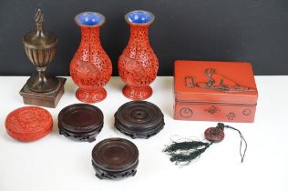 A small group of collectables to include a pair of cinnabar lacquer vases