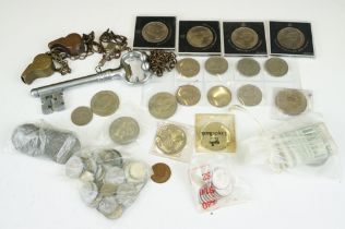 A small group of mixed collectables to include coins, banknotes, whistles...etc..