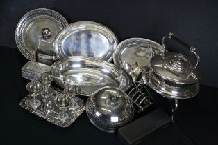 Collection of 20th Century silver plate to include spirit kettle, boiled egg stand, lidded tureen