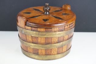 19th century Scottish coopered wooden box of staved construction, the cover with inlaid hearts and