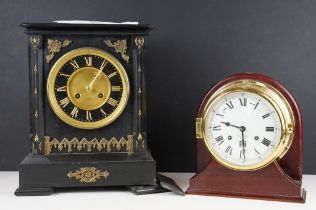 Brass cased nautical bulkhead ships clock (23.5cm high), together with a Victorian slate mantel