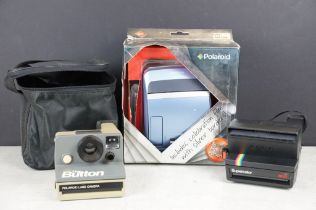 Three polaroid cameras to include The Button Polaroid Land camera, 600 land camera supercolor and