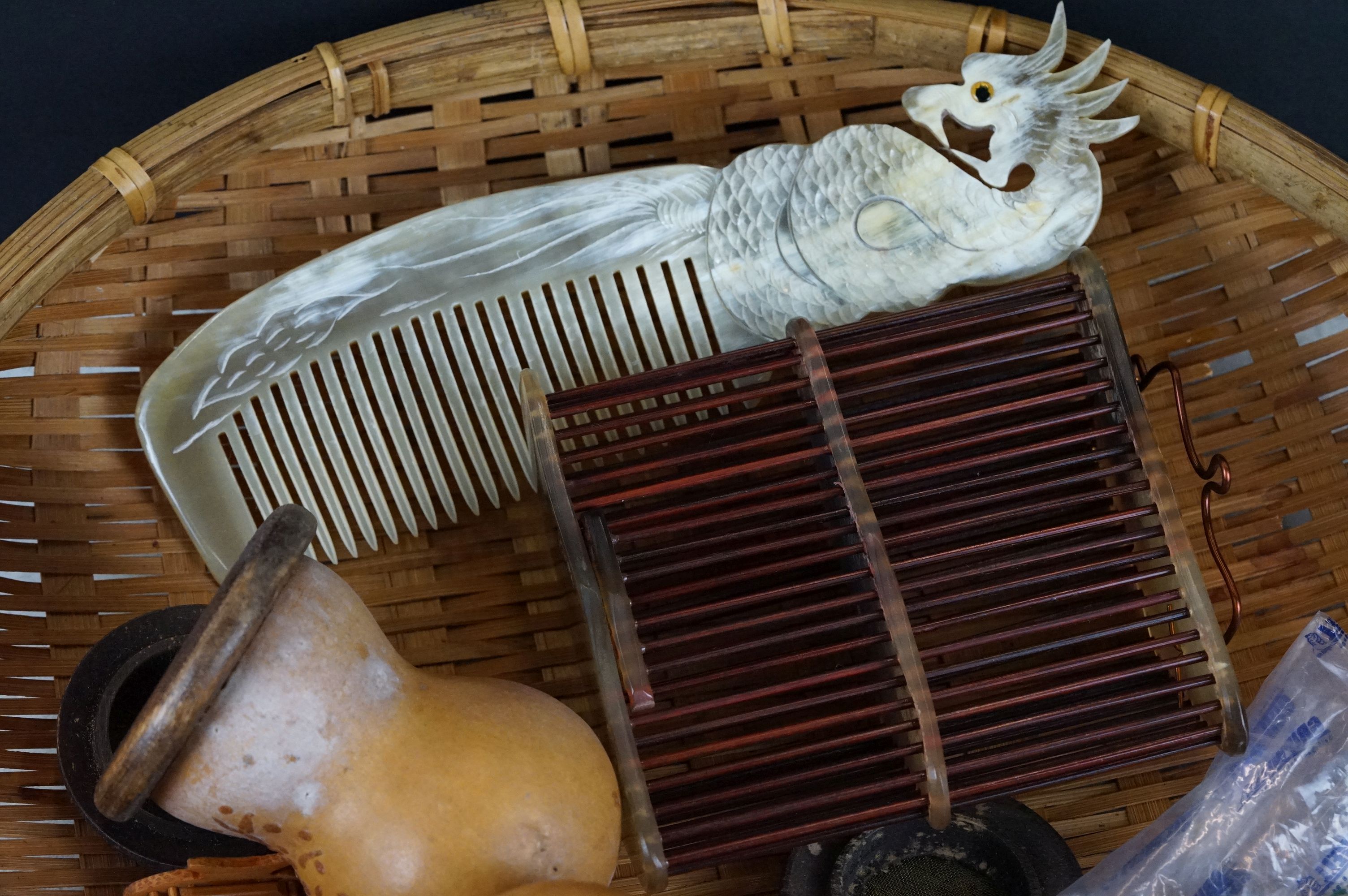 A group of oriental collectable within a wicker basket to include silk slippers, jade beads, cricket - Image 7 of 7