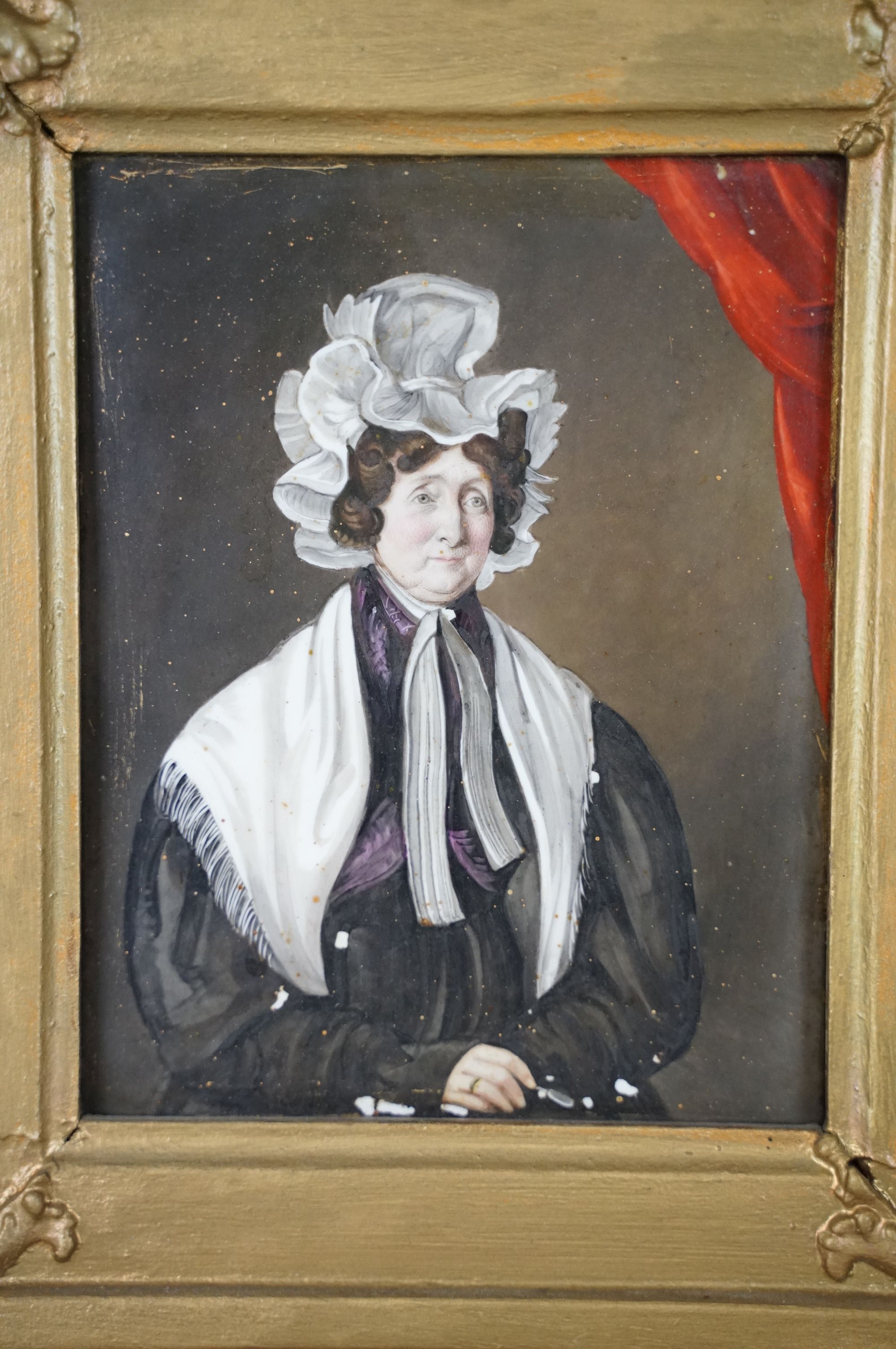 English School, half length portraits of a lady and gentleman, print on porcelain, overpainted in - Image 4 of 6