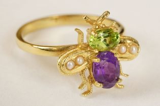 Gold on Silver Bug Ring set with amethyst and peridot