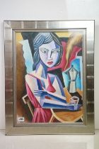 Modernist study of a woman seated with coffee Cup and Cafetiere, oil, framed and glazed, 60cm x 44cm