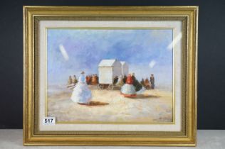 Impressionist oil painting of a Victorian beach gathering beside bathing machine, gilt framed and