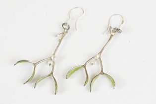 Pair of Silver, Pearl and Enamel Drop Earrings in the form of Mistletoe, 4.5cm drop