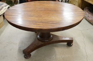 19th century Flamed Mahogany Circular Tilt Top Breakfast Table raised on a plain turned pillar