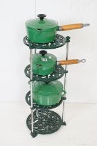 Three Chasseur green enamel cast iron cooking pans / dishes (casserole dish approx 27cm wide),