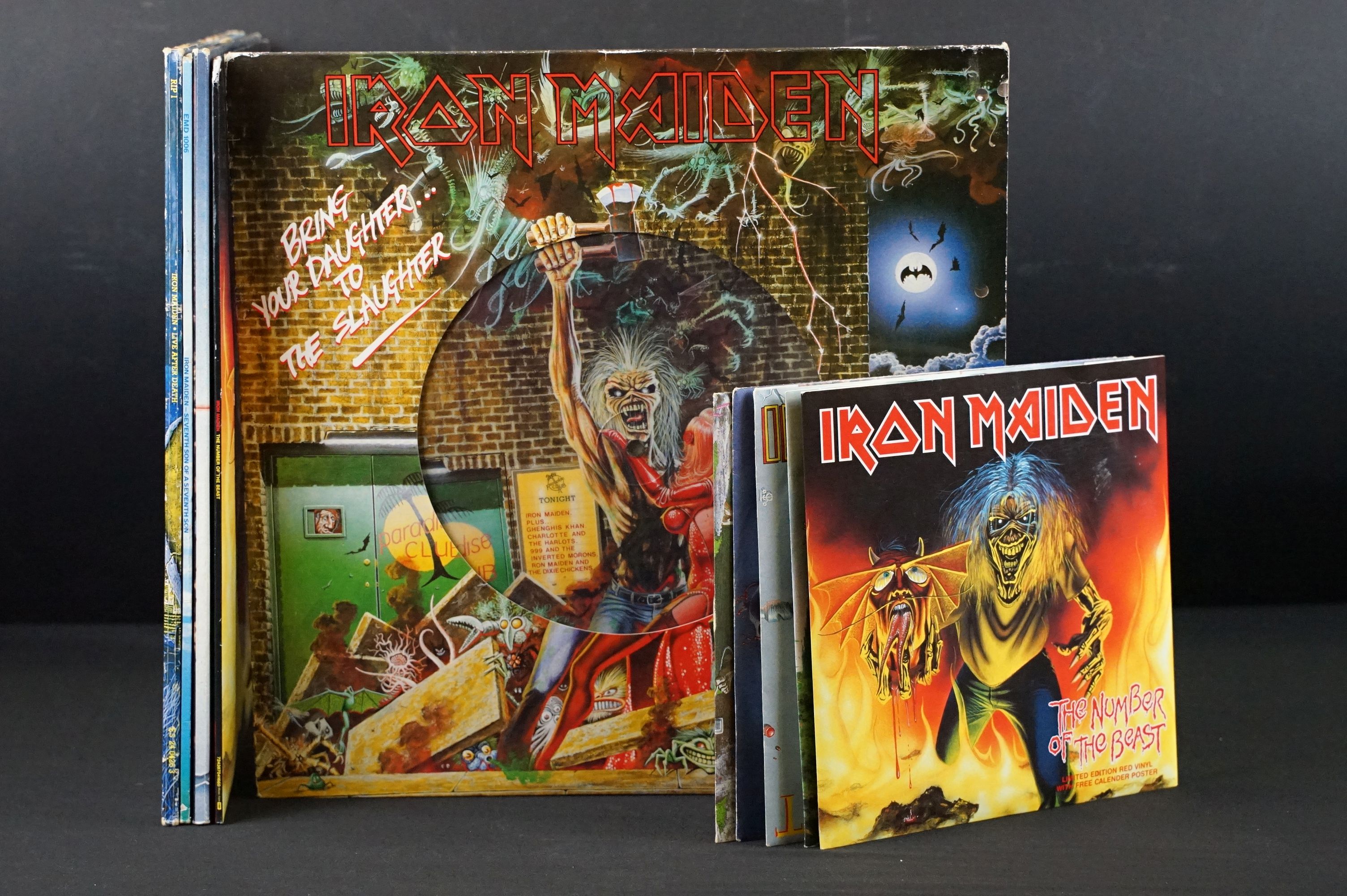 Vinyl - 2 Iron Maiden LPs, 3 12" (2 pic discs) and 5 7" singles to include Bring Your Daughter To