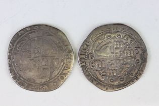 Two British King Charles I silver half crown coins.