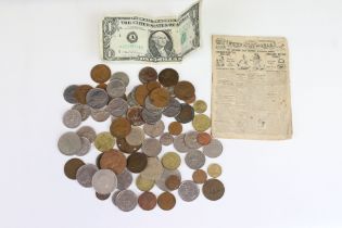 A Small Collection Of British And World Coins Together With A United States Banknote.