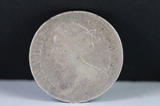 A British Early Milled Queen Anne 1709 Silver Half Crown Coin.