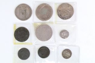 A collection of nine British King William III & Mary early milled silver and copper coins to include