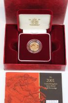 A British Queen Elizabeth II 2001 United Kingdom gold proof half sovereign coin, complete with