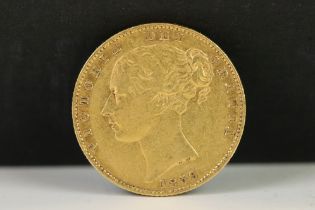 A British Queen Victoria 1859 Ansell Shield back gold full sovereign coin.