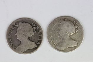 Two British Early Milled Queen Anne Silver Sixpence Coins To Include A 1710 Example.