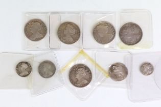 A collection of British Queen Anne early milled silver coins to include shillings, four pence (
