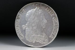 A British King Charles II early milled 1663 silver full crown coin.
