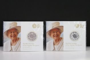 Two Royal Mint Queen Elizabeth II 90th Birthday commemorative fine silver £20 sealed coin packs.