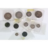 A collection of British King George IIII early milled silver and copper coins to include half crowns