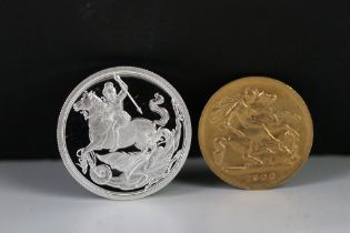 A British Queen Victoria 1900 Gold Half Sovereign Coin Together With A 2019 Silver Sovereign Coin