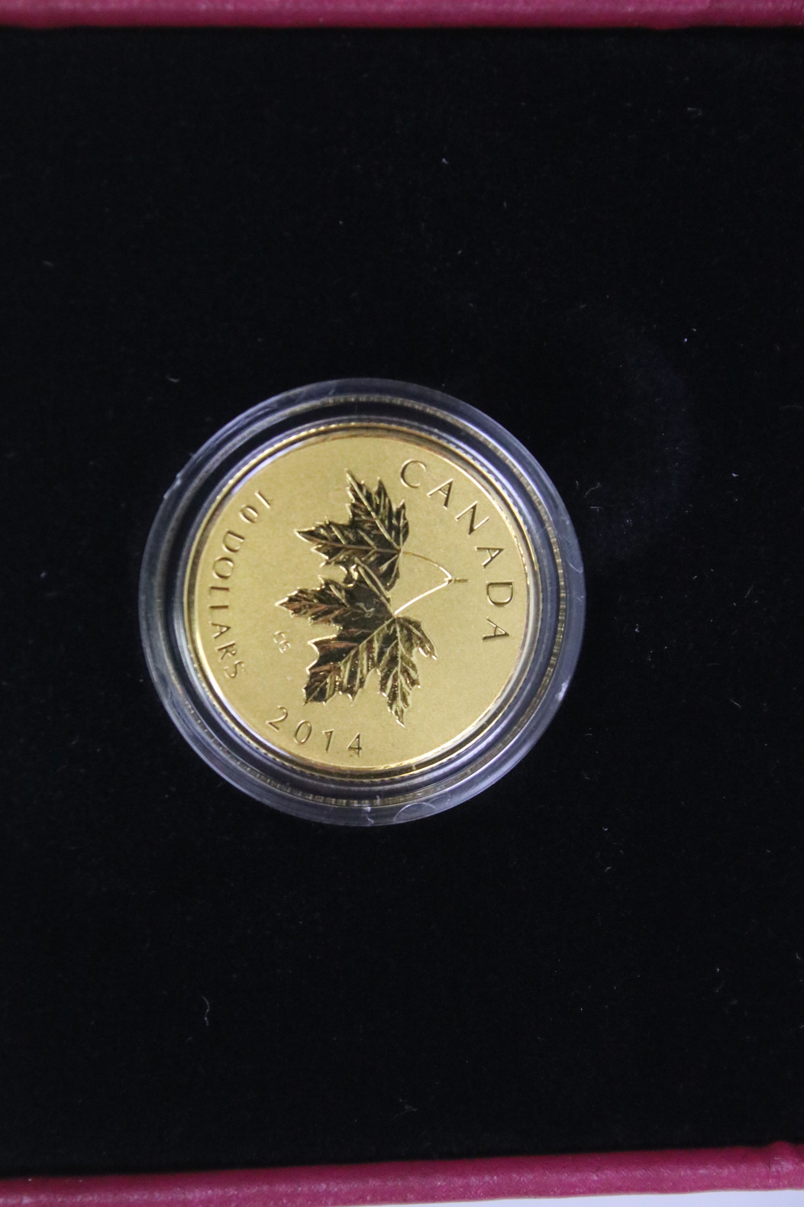 A Canada 24ct gold proof 2014 Gillick Effigy maple leaf coin, encapsulated within fitted display - Image 2 of 5