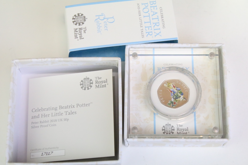 A collection of five United Kingdom Royal Mint Beatrix Potter silver proof 50p coins to include 2019 - Image 6 of 11