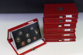 A Collection Of Seven Royal Mint Proof Year Sets To Include 1986, 1987, 1988, 1989, 1990, 1991 And