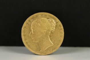 A British Queen Victoria 1839 Shield back gold full sovereign coin.