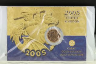 A British Queen Elizabeth II 2005 United Kingdom uncirculated gold half sovereign coin.