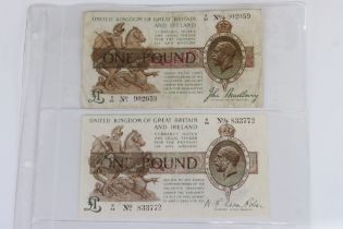 Two Circulated British Bank Of England King George V One Pound / £1 Banknotes To Include A John