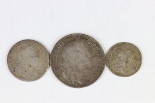 A collection of three British pre decimal silver coins to include Charles II and King George III