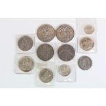 A collection of eleven Queen Victoria silver coins to include Crowns, Double Florins, Half Crowns,